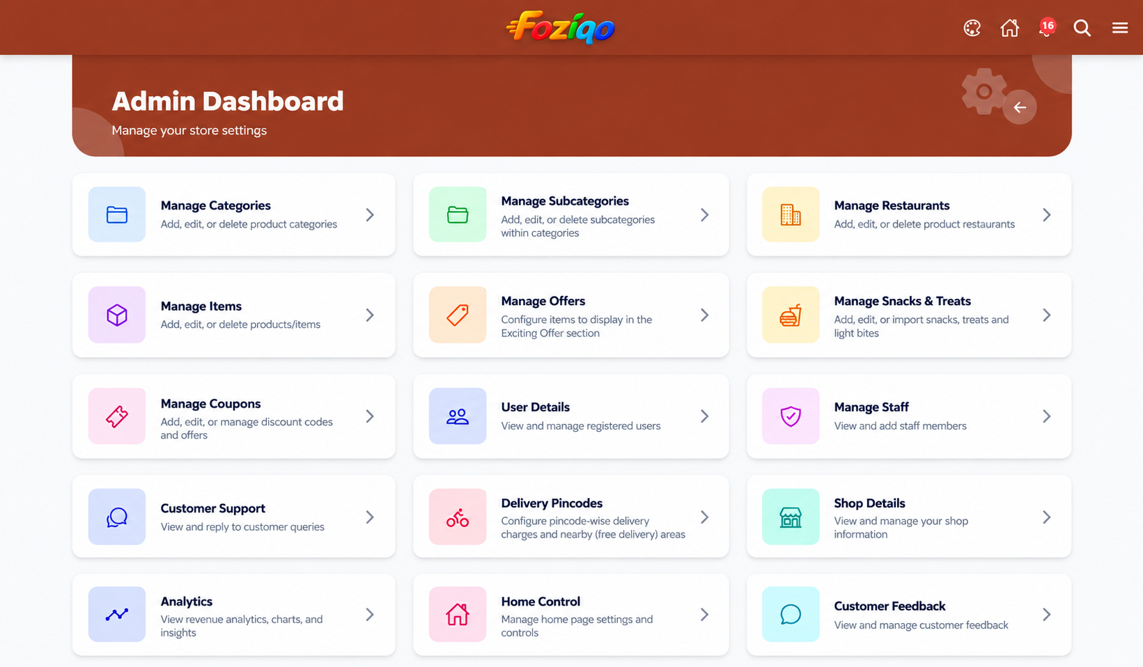 Foziqo merchant web interface with sidebar for categories, offers, orders, wishlist and cart