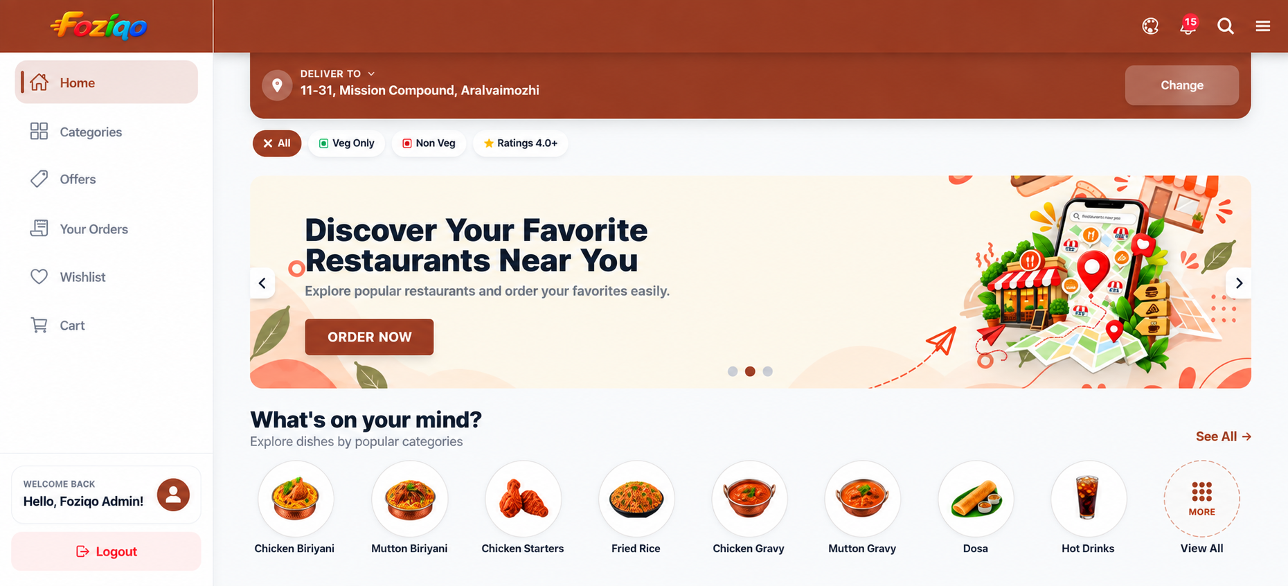 Foziqo web dashboard showing the sidebar navigation, delivery address bar, promotional carousel and food categories